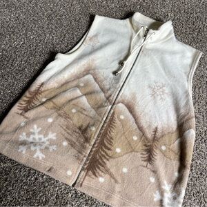 TanJay Cream Snowflake Forest Fleece Zip Up Vest Size Medium
